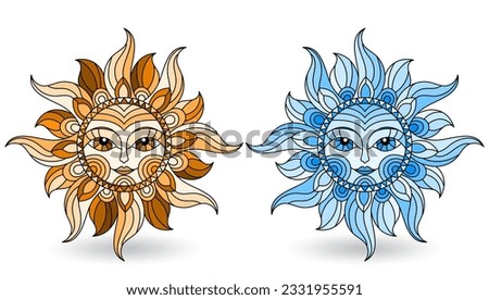 A set of stained-glass suns with faces on a white background isolates, tone brown abd blue