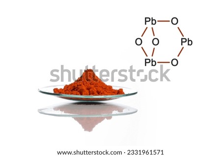 Lead (II,IV) oxide in Chemical Watch Glass on white laboratory table with the complex laitmotif of a chemical compound structure. Royalty-Free Stock Photo #2331961571