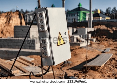 Mobile construction site power panel. Supply of electricity during construction. Electrical construction tool connection board