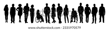 Silhouettes of diverse business people standing, men and women full length, disabled person sitting in wheelchair. Inclusive business concept. Vector illustration isolated on white background. Royalty-Free Stock Photo #2331970579