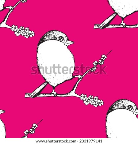 Seamless pattern with funny birds, flowers, leaves. Flat vector illustration with cartoon bird silhouette. Cute characters. Design for invitation, poster, card, textile, fabric.