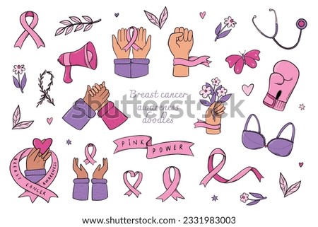 Breast cancer awarenes month set of doodles, cartoon elements, clip art for stickers, prints, cards, social media decor, scrapbooking, etc. EPS 10