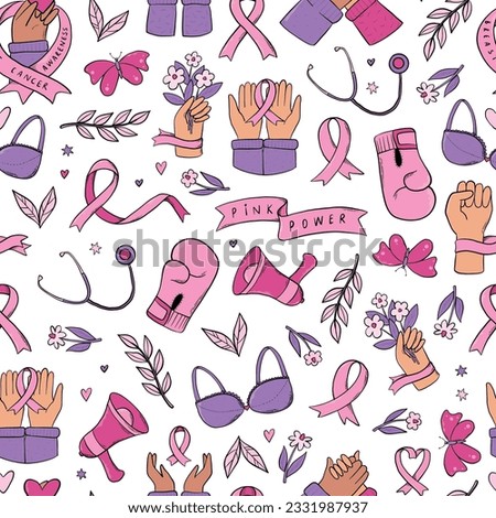 Breast cancer awareness seamless pattern with doodles for wallpaper, prints, backgrounds, packaging, wrapping paper, promotions, etc. EPS 10