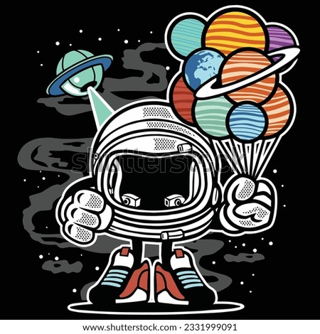 Cute funny astronaut carrying planets like balloons. Vector illustration for tshirt, website, print, clip art, poster and print on demand merchandise.