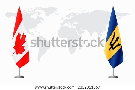 Canada and Barbados flags for official meeting against background of world map.