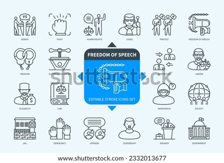 Editable line Freedom of Speech outline icon set. Protest, Anonymous, Freedom, Law, Censorship, Opinion, Democracy, Government. Editable stroke icons EPS