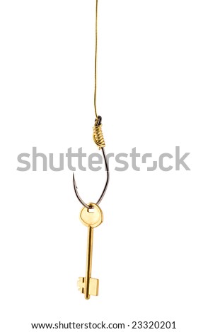 Golden key on hook concepts isolated on white background