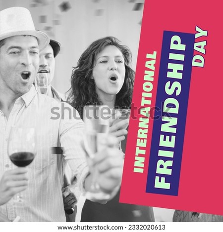 Happy international friendship day text on red with happy caucasian friends singing at party. Friendship celebration and appreciation campaign digitally generated image.