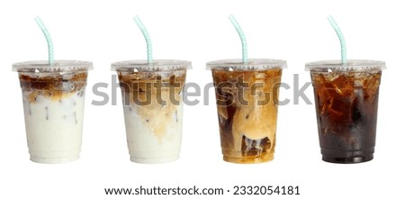 Drink banner, Set of cold ice coffee, caramel latte coffee and black Americano coffee cold in to go plastic glass with straw and the lid on isolated clipping path clean cut on white background. Royalty-Free Stock Photo #2332054181