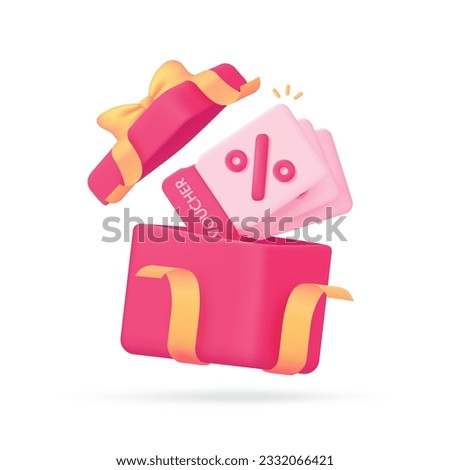 Surprise open gift box Product price discount voucher. 3d illustration
