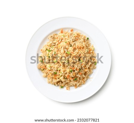 Top view of Fried rice with pork and egg isolated on white background. Clipping path. Royalty-Free Stock Photo #2332077821