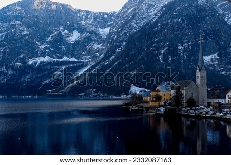 Hallstatt with snowy mountains  view