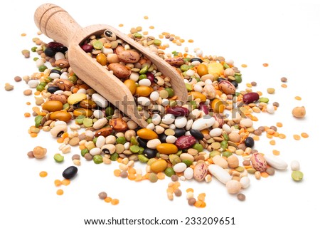 Assorted legumes in wooden scoop. Isolated on white background. Royalty-Free Stock Photo #233209651