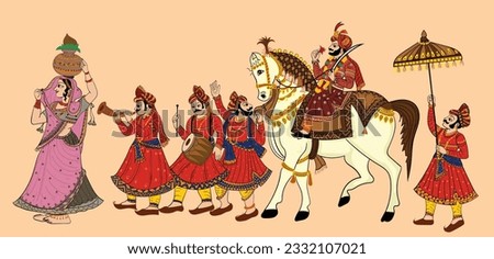 Indian Groom And Bride Baraat Bandoli Wedding Card Clip Art Line Drawing Symbol. Indian Marriage Symbol Baraat, Music Player, Groom On a Horse, Bandoli And Bride.