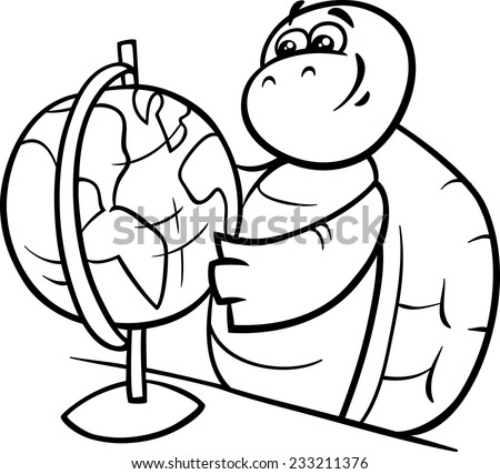 Black and White Cartoon Vector Illustration of Funny Turtle Animal Character with School Globe for Coloring Book