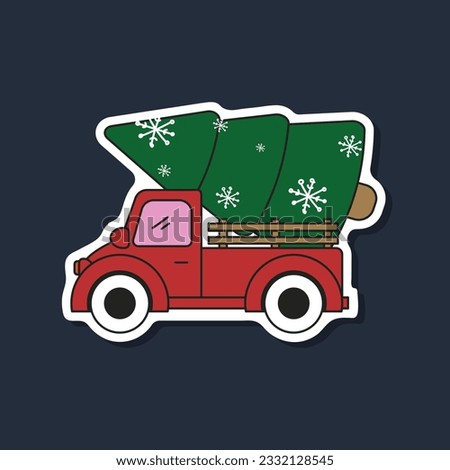 red truck carrying a Christmas tree in cartoon style