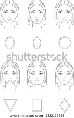 Female face Set of geometric shapes facial structures. Front side portrait. Beautiful woman sketch. Template for beauty industry. Vector illustration.