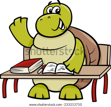 Cartoon Illustration of Funny Turtle Animal Character Raising Hand on the Lesson