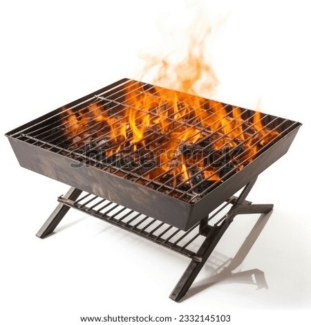 Empty square grill with massive flames from coal, isolated on White Background
