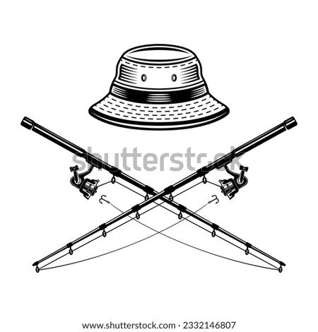Bucket hat and two crossed fishing rods vector monochrome style illustration on graphic objects isolated on white background