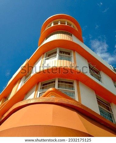 The distinctive art deco historic district architecture and color patterns of Miami Beach - South Beach Florida on Ocean Drive. Royalty-Free Stock Photo #2332175125