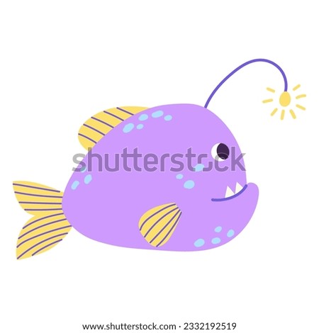 Isolated cartoon yellow purple marine angler fish with blue blobs in hand drawn flat style on white background.