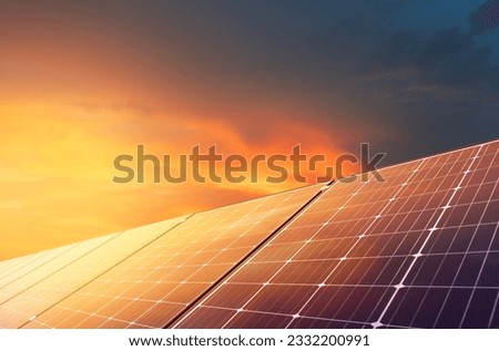 Solar panels in sunset ,Sun energy and clean environment.3D rendering Royalty-Free Stock Photo #2332200991