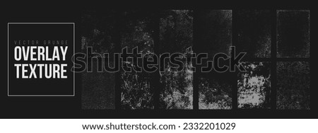Vector grunge overlay textures with dust grain isolated on black background. Distressed retro banner frame. Set of wall paint brush stroke, ink splash and grungy decoration elements for social media.