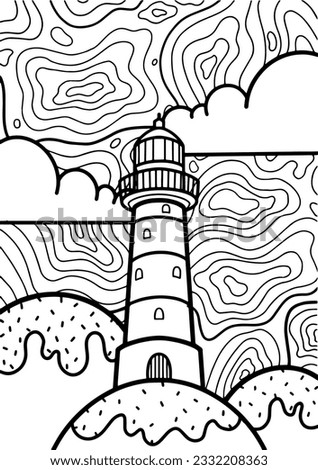 Lighthouse of the sea on ice cream islands - Illustration for kids books, gift card, coloring books - Kawaii style