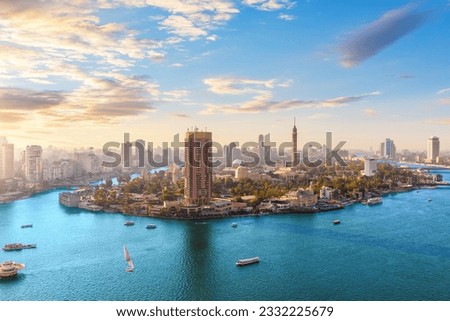 View on the Nile and Gezira Island of Cairo, panorama from above, Egypt Royalty-Free Stock Photo #2332225679