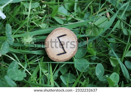 Beautiful handmade nordic Sowillo rune on a wooden plate, pagan symbol
