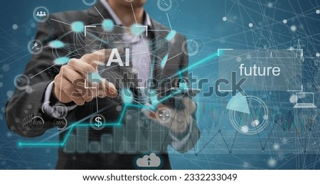 Visual effects. Future technology touch screen interface. Handsome businessman in shirt touching screen interface, drawing a chart in futuristic office. Selective focus on the hand AI(Artificial Int