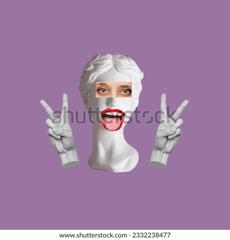 Antique female smiling statue showing tongue and peace gesture with her hands isolated on a purple color background. 3d trendy collage in surreal magazine style. Contemporary art. Modern design Royalty-Free Stock Photo #2332238477