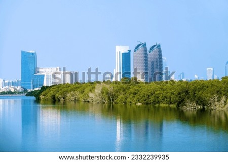 Mangroves in Persian Gulf, United Arab Emirates against backdrop of skyscrapers of Abu Dhabi. Successful case of combining natural and urban environment, because reservoir and air not polluted Royalty-Free Stock Photo #2332239935