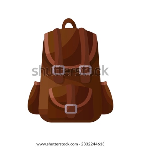 Camping backpack. Active recreation, tourists, summer vacation. Traveler camp at nature trees. Hiking, travel activity. Vector