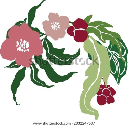 Vector tropical abstract bouquet of red and pink flowers, green leaves. Hand painted floral poster isolated on white background. Holiday Illustration for design, print, fabric or background.
