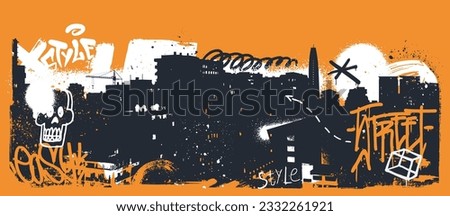 City skyline silhouette with dirty grunge texture, graffiti tags, scribbles, paint splatters. Abstract urban background. Ideal for banner, wall decor, cover. Vector illustration Royalty-Free Stock Photo #2332261921