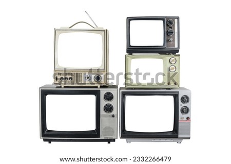 Five vintage televisions with cut out screens isolated. Royalty-Free Stock Photo #2332266479