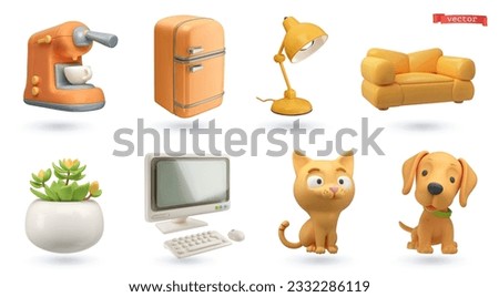 Home objects and pets 3d vector cartoon icon set. Coffee machine, refrigerator, desk lamp, sofa, potted flower, computer monitor, cat, dog