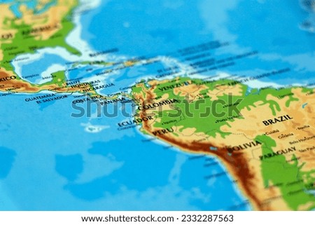 world map of south and north america, with separation of panama canal, latin american countries in focus Royalty-Free Stock Photo #2332287563