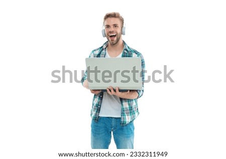 millennial man blogger laugh isolated on white. millennial man blogger on background.