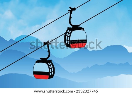 Cable cars or aerial lift on mountains landscape. Cable car vector illustration. Gondola lifts or ski cabin lift, mountain skiers and snowboarders moves in the air on a cable way. Royalty-Free Stock Photo #2332327745