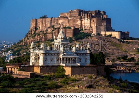 Jodhpur, Rajasthan, India- Sunrise at the Mehrangarh Fort and Jaswant Thada with Mehrangarh Fort with Jodhpur city scape at sunset.A UNESCO World heritage site in India. cremation of the royal family 
