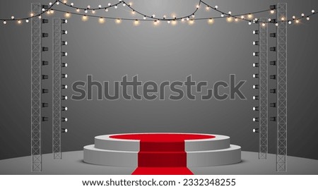 white stage and hanging light on truss system in the dark room