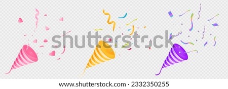 a three-dimensional party cone popper set. pink, yellow, purple confetti, rainbow paper, 
a piece of holographic colored paper vector illustration. Royalty-Free Stock Photo #2332350255