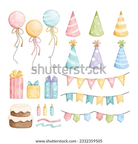 Watercolor illustration set of birthday party elements