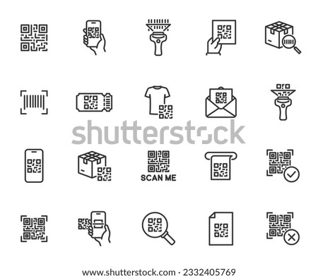 Vector set of QR code line icons. Contains icons show code, scan me, barcode, scanner, package code, ticket, scanning process and more. Pixel perfect.