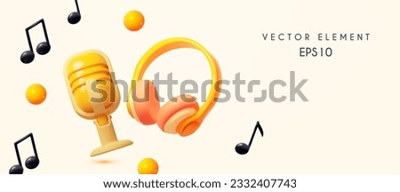 Music concept. Headphones. music notes and retro vocal microphone