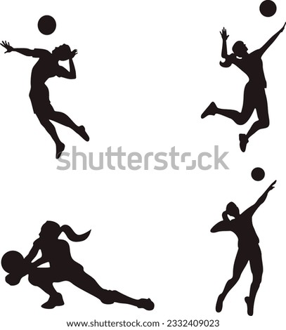 Volleyball Player Silhouette. Vector Image of Spiking and Setting Ball For Design Decoration. Vector illustration
