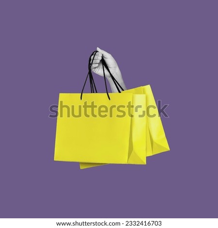 Antique female statue's hand holding yellow shopping paper bag isolated on violet color background.  3d trendy collage in magazine style. Contemporary art. Modern creative design Royalty-Free Stock Photo #2332416703